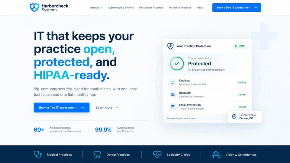 IT company website design, iT for clinics with a protection status card: pale blue-white page, navy headline with blue and teal words, blue assessment button, a white protection status card, a navy strip of practice types
