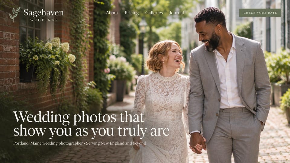 Wedding photographer website design, candid wedding photographer on a leafy brick lane: a laughing couple walking hand in hand down a sunny brick lane lined with greenery, a white serif logo and menu, a large white serif headline at lower left and a sage button
