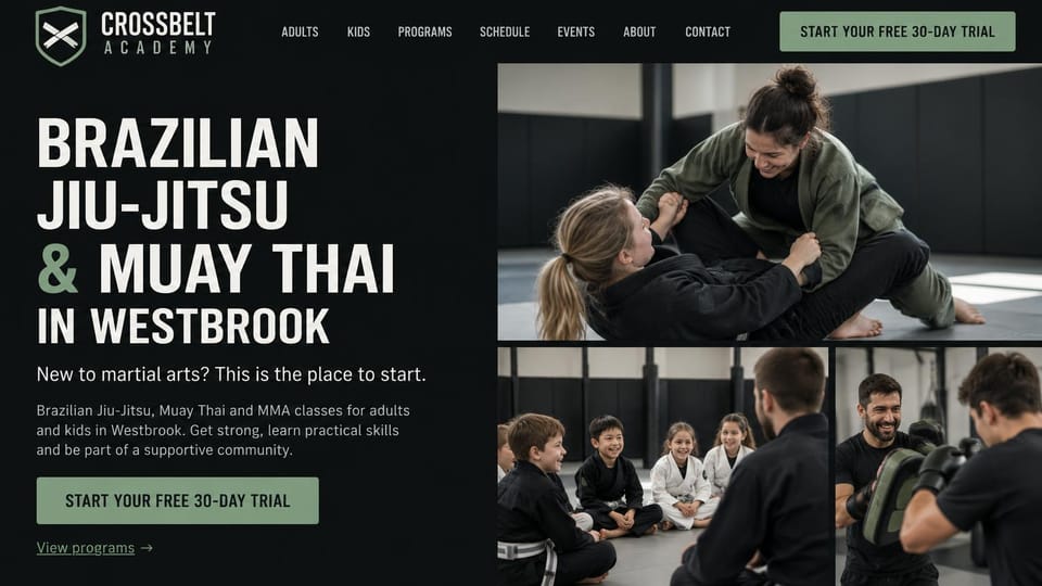 Martial arts website design, jiu-jitsu and Muay Thai with a photo collage: charcoal page with sage green accents, a stacked white headline, a collage of grappling, kids class and pad work photos, a green button