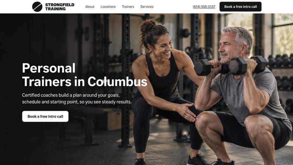 Personal trainer website design, team of certified trainers for one city on a dark gym photo: white menu bar with a phone number and a black button, a full-width dark gym photo of a smiling trainer and an older man lifting dumbbells, a large white headline, a white intro call button
