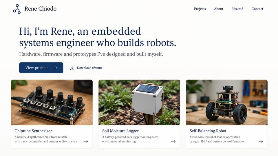 Engineering portfolio website design, embedded and robotics engineer with project cards: white page, a navy serif headline, a navy button and photo cards of a handheld synthesizer, a solar sensor box and a two-wheeled robot