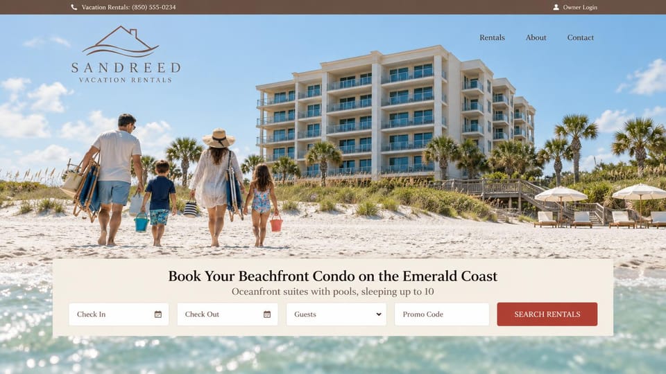 Vacation rental website design, beachfront condo rentals with a promo code field: brown top bar, a family carrying beach gear across white sand toward a condo tower with palms, cream panel with booking fields and a red button