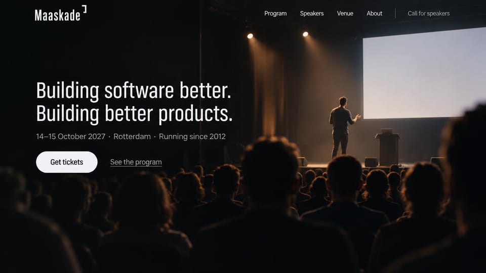Event website design, software conference in a dark theater: dark theater photo of a speaker beside a large screen, white condensed headline, white ticket button