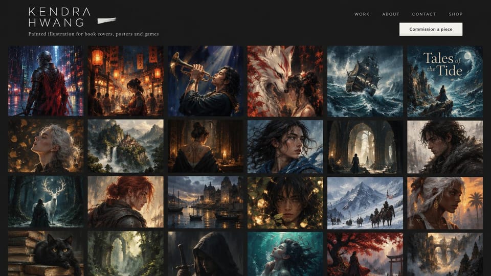 Graphic design portfolio website design, book cover and game art on black: black page, small letter-spaced name, a dense grid of dark painted fantasy illustrations: knights, ships, a dragon, portraits