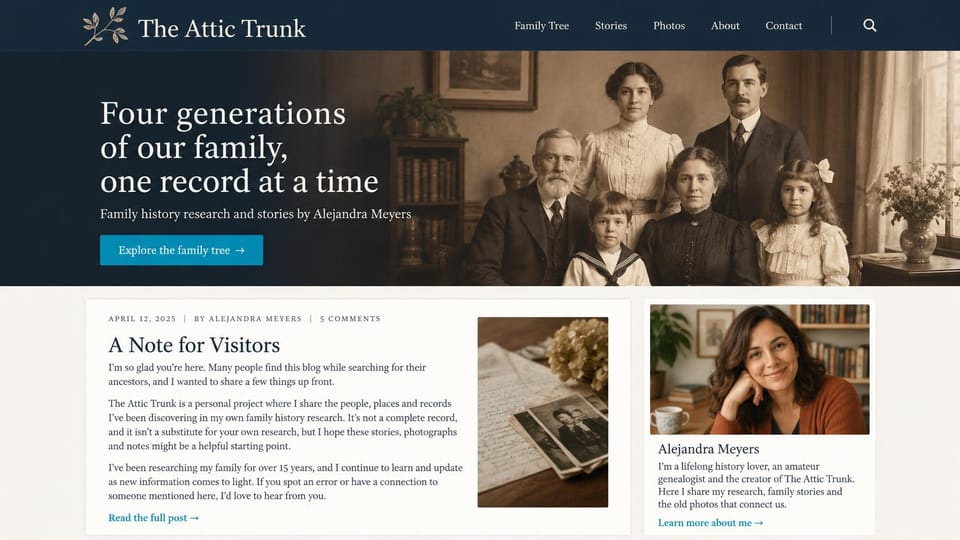 Genealogy website design, family history blog under a dark portrait banner: navy header and banner with a sepia family portrait, white serif headline, a blue tree button, a post card and an author photo card