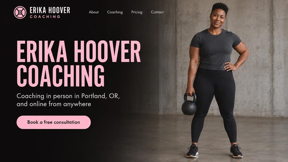 Personal trainer website design, coach's name in pink capitals beside a confident portrait: black page fading into a concrete wall, a giant pink condensed name, a pink consultation button, a full-length photo of a smiling woman holding a kettlebell