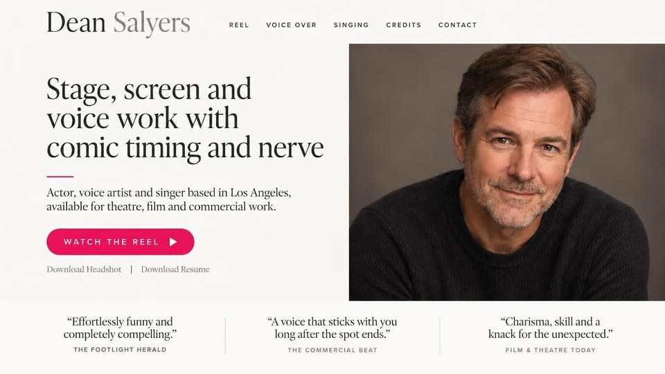 Actor website design, comic actor with three review quotes: ivory page, a black serif headline, a hot pink reel pill, a headshot of a graying man in a dark sweater and three review quotes along the bottom