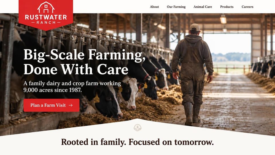 Farm website design, large dairy and crop operation with farm visits: white header with a red badge logo, a farmer walking down a long dairy barn of black and white cows, white sans headline, red visit button