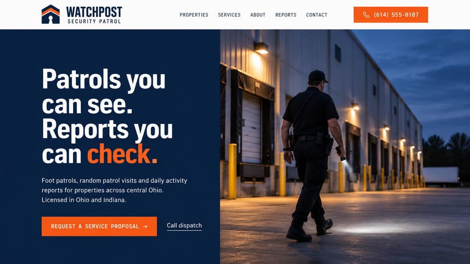 Security company website design, patrol company with reports as the promise: white menu with an orange phone button, a navy panel with a large white and orange headline, an officer with a flashlight walking past loading docks at dusk