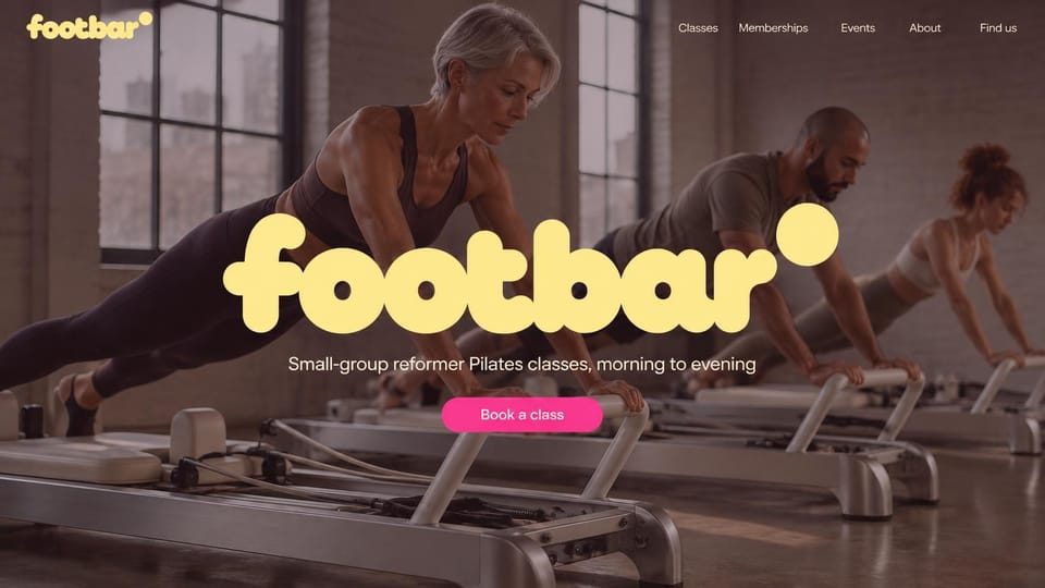 Fitness website design, pilates with a playful oversized logo: a mauve-tinted reformer class under a giant rounded yellow wordmark and a pink button