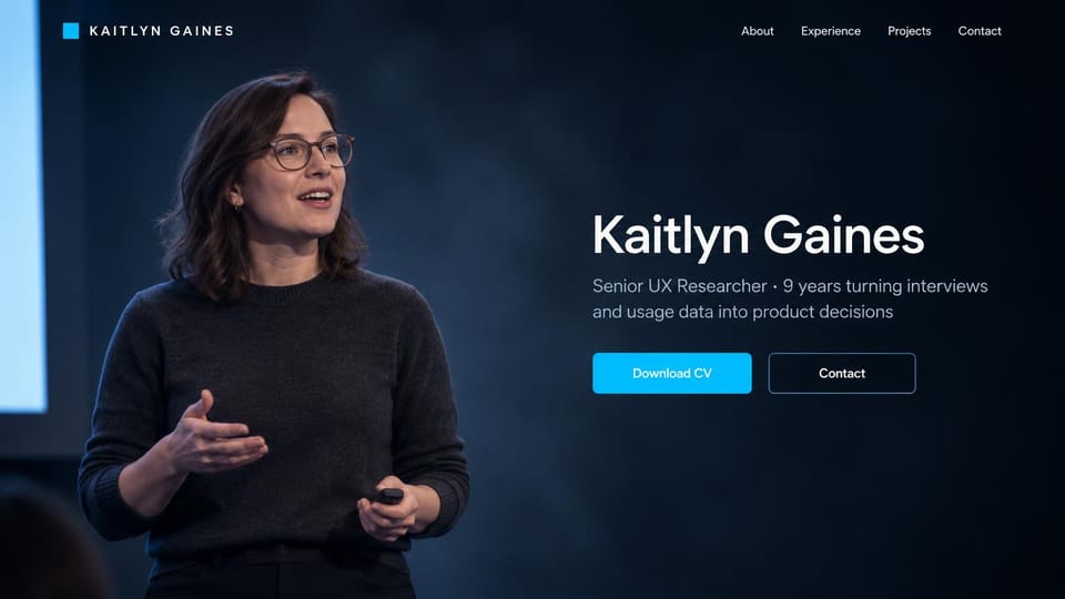 Resume website design, uX researcher speaking on a dark stage: dark navy page, a woman in glasses speaking on stage at left, a large white name, a gray role line, a bright blue download CV button and an outlined contact button