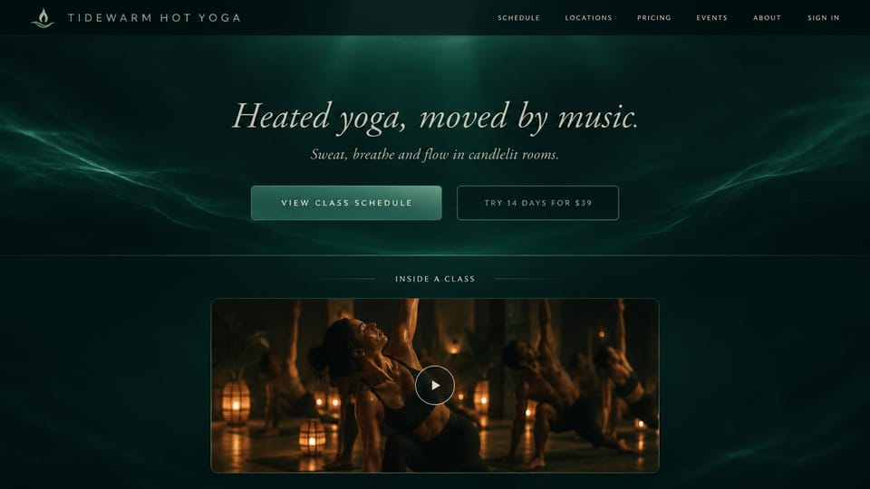 Fitness website design, hot yoga by candlelight with a class video: deep forest green, an italic serif headline above a candlelit class video