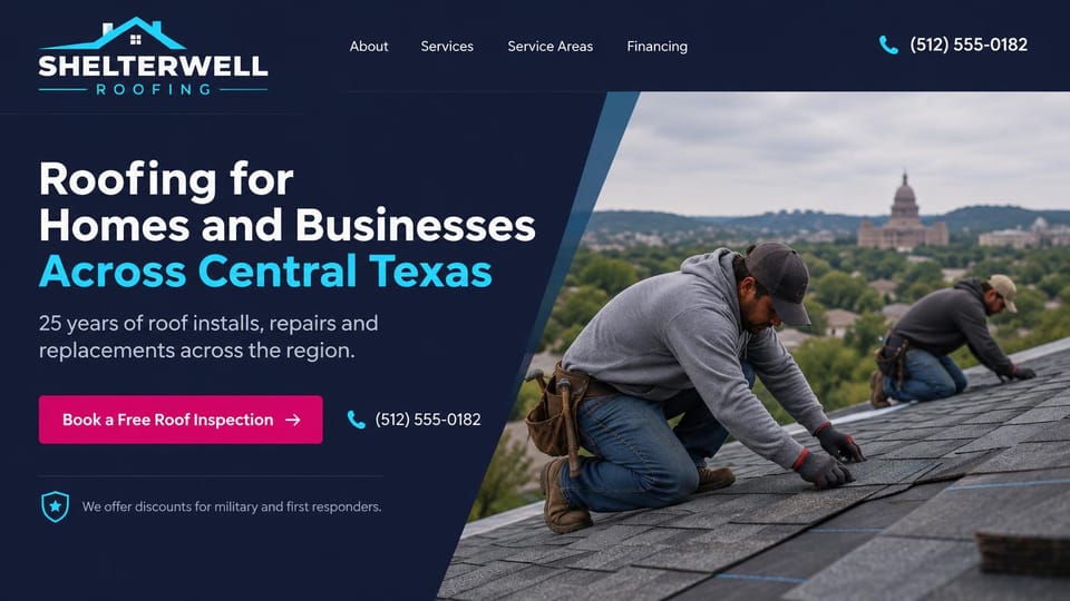 Roofing website design, homes and businesses with a hilltop city view: navy page, a white and cyan headline, a magenta inspection button and a phone number, a slanted photo of roofers in gray hoodies laying shingles above a city