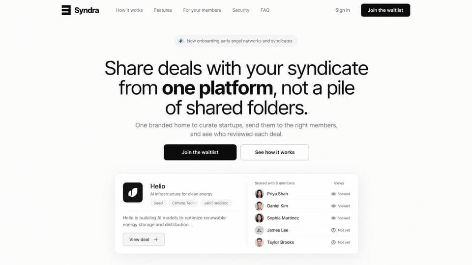 SaaS website design, investor network waitlist with a deal card: white page, black headline with bold words, a black waitlist button and a deal card with members