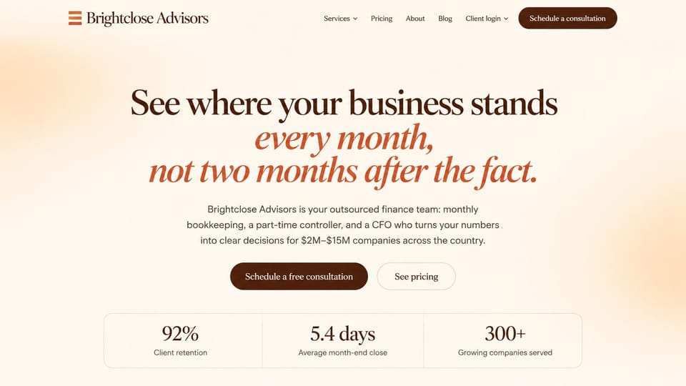 Accounting website design, outsourced finance team with a warm serif promise: cream page with a soft peach glow, a large dark brown serif headline with a terracotta italic line, a brown consultation button, an outlined pricing button and three figures in a bordered row