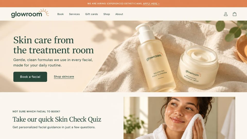 Salon website design, facial studio with its own skincare line: cream and peach, two skincare bottles on linen, deep green headline and button, a quiz section below