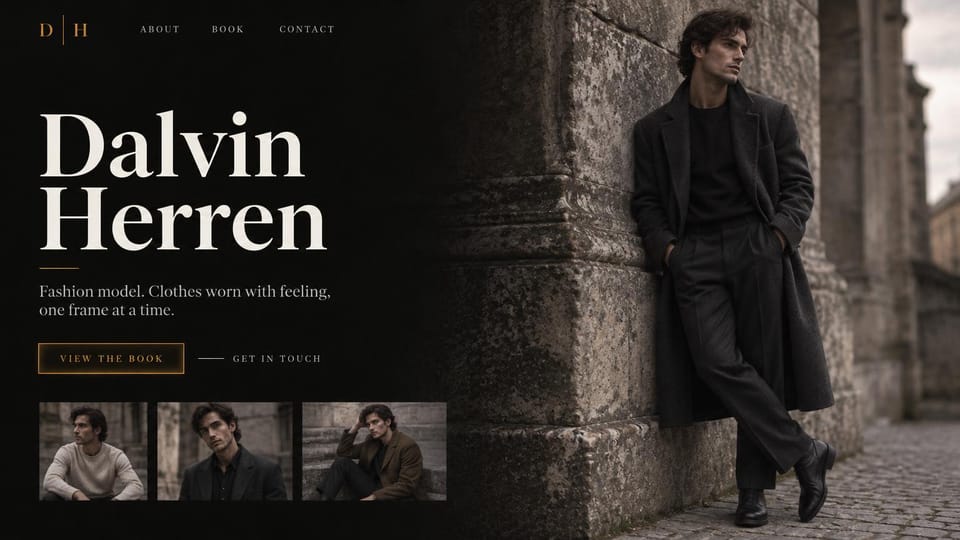 Model portfolio website design, male fashion model against an old stone wall: near-black page, a huge white serif name, an outlined gold button, three small photos and a dark-haired man in a long black coat leaning on a weathered stone column