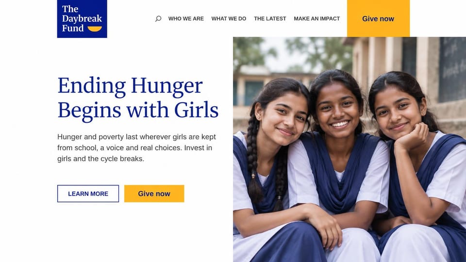 Nonprofit website design, girls' education with a yellow give button: white page, navy serif headline, three schoolgirls in uniform and a yellow give button