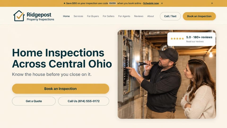 Home inspector website design, inspections with an offer bar and quote button: cream page with a gold offer bar, dark teal headline, a gold book button and two outlined buttons, an inspector checking a panel with a client, a review card