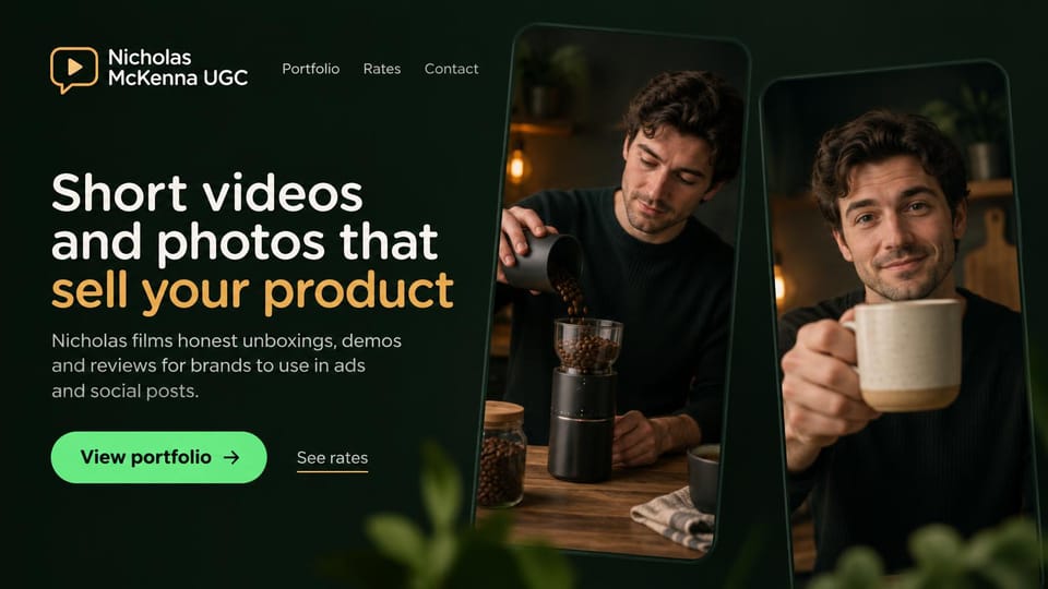 UGC portfolio website design, coffee and home UGC in tilted phone frames: deep green page, white and gold headline, bright green button, two tilted phone frames of a man making coffee