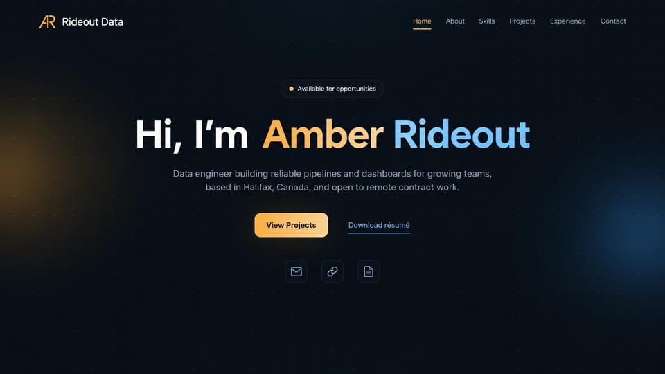 Resume website design, data engineer with a centered hello in amber and blue: dark navy page with amber and blue glows, a centered white hello with an amber and blue name, an available pill, an amber projects button and a download résumé link