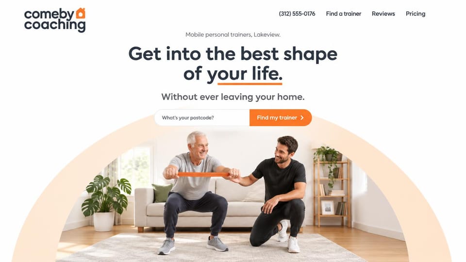 Personal trainer website design, in-home trainers matched by zip code: white page with a peach arch, a dark headline with an orange underline, a zip code field and orange button, an older man doing band squats in his living room beside a trainer