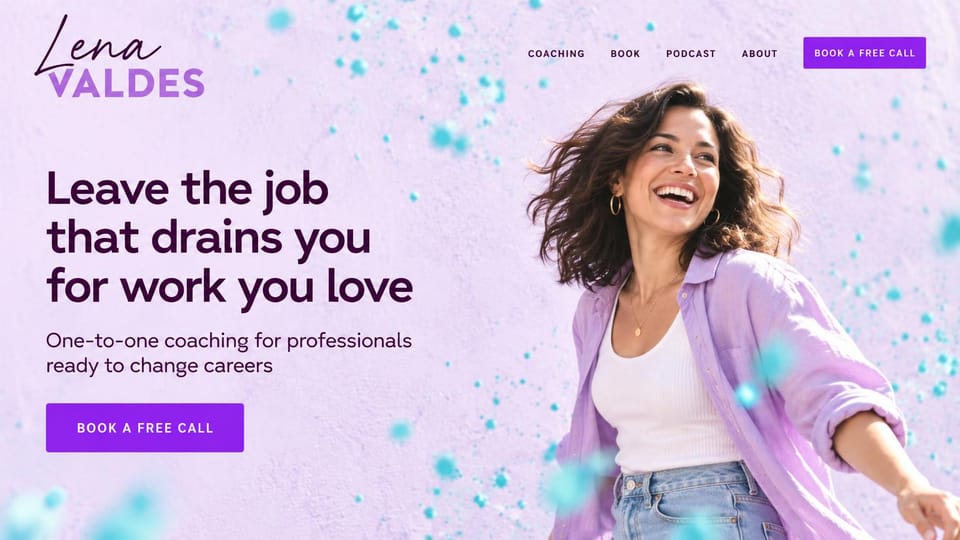 Coaching website design, career change in bright lilac: lilac page with turquoise paint flecks, a dark purple sans headline, a purple button and a laughing woman