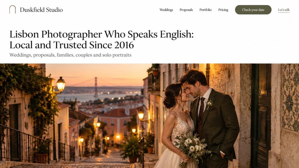 Wedding photographer website design, destination city photographer for weddings and proposals: white page, a large serif headline and a list of sessions, an olive pill button, a couple on a lamplit stone street above a bridge at dusk