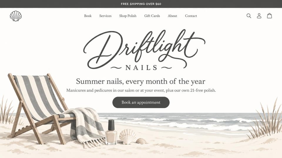 Salon website design, nail salon with a hand-drawn beach scene: warm white, a script logo above a pencil-style beach chair and polish bottle, a grey booking button