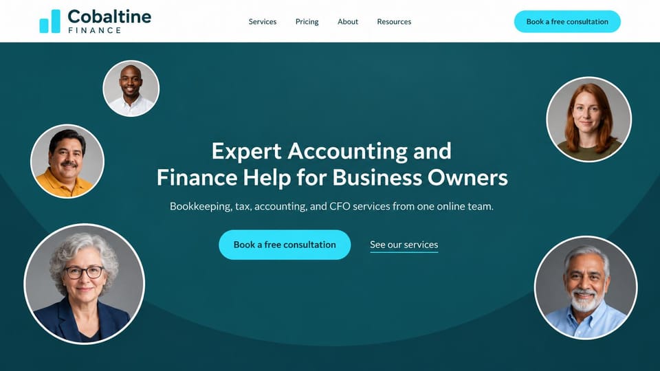 Accounting website design, online accounting team with portraits around the headline: deep teal page, a centered white headline, a cyan consultation button and five circular headshots around it