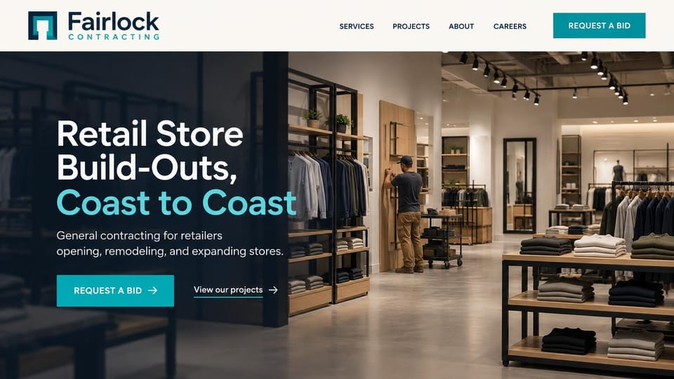 Construction website design, retail build-outs with a fitter at work: cream menu with a teal button, a bright clothing store with a worker installing wood fixtures, a white and aqua headline over a dark panel and a teal button