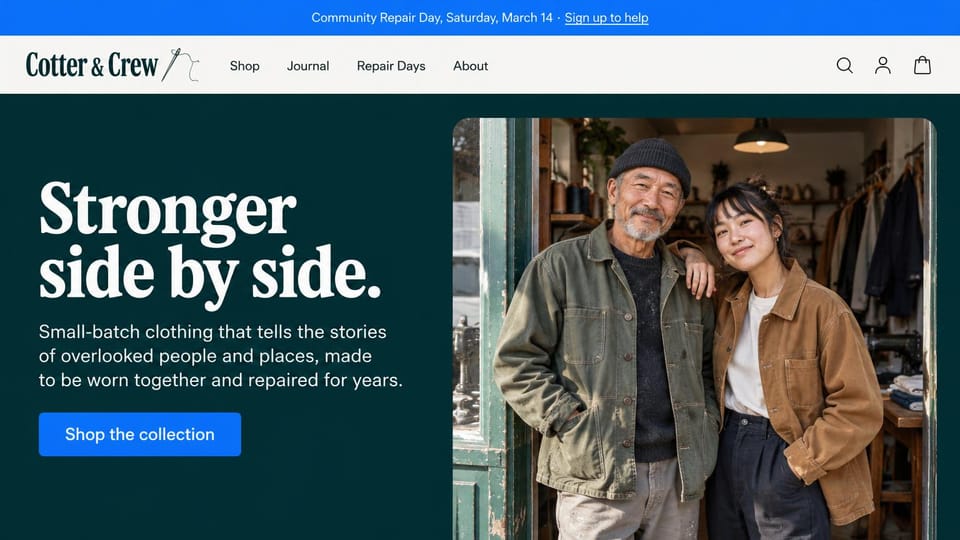 Fashion website design, workwear with repair days in the top bar: blue top bar, a dark teal panel with a huge white serif headline and a blue button beside a rounded photo of an older man and a young woman in chore jackets in a shop doorway