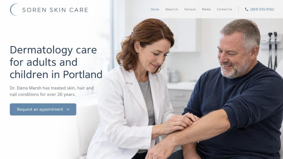 Medical practice website design, solo dermatologist, light and airy: white page, a slate blue sans headline and soft blue request button beside a dermatologist examining a smiling man's forearm