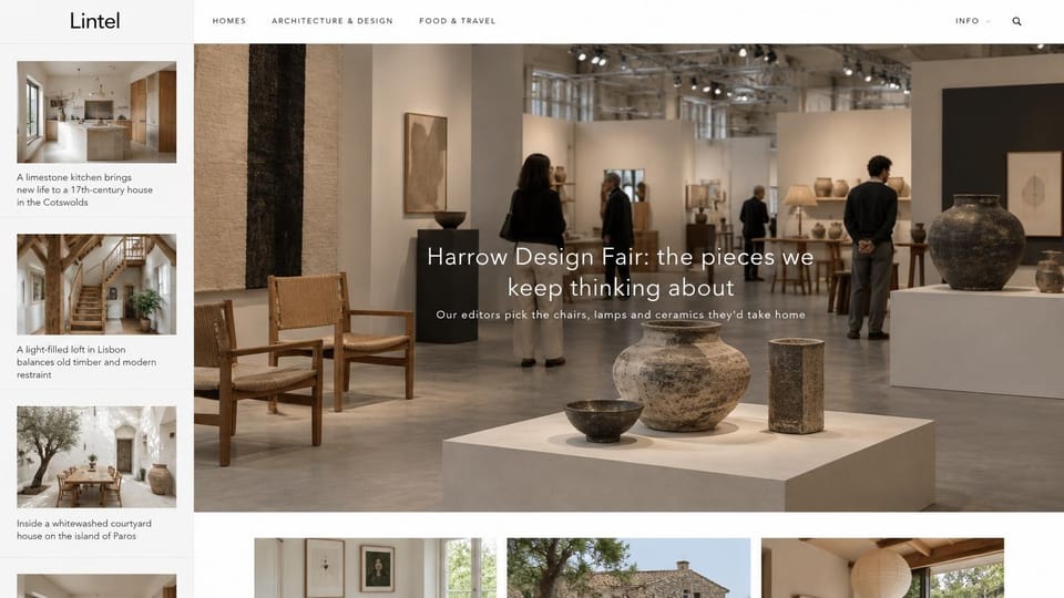 News and magazine website design, interiors magazine with a sidebar of stories: white page, black serif wordmark over a left column of interior photos, a wide photo of a design fair hall with clay pots, rush chairs and visitors, thin white headline in the middle