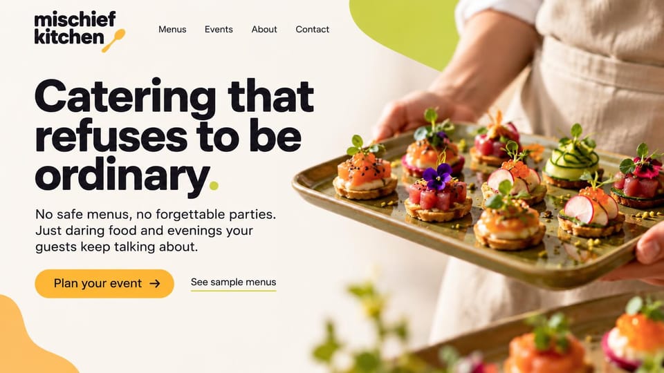 Catering website design, playful party catering in lime and yellow: cream page with lime and yellow shapes, a heavy black headline, a yellow plan your event button and a tray of colorful canapés