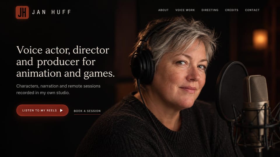 Actor website design, voice actor and director in warm darkness: near-black page, a rust monogram, a cream serif headline, a glowing rust reel button and a gray-haired woman in headphones at a microphone