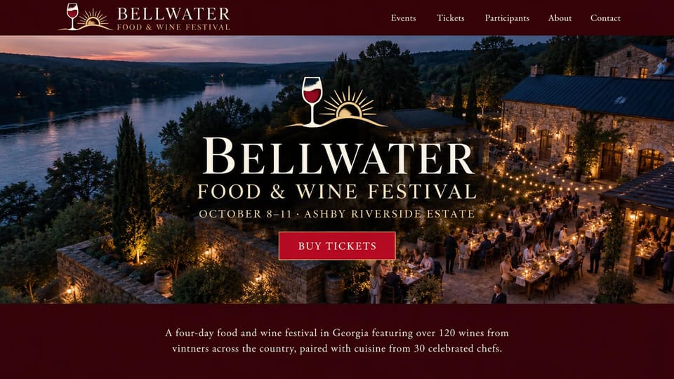 Event website design, food and wine festival at a riverside estate: burgundy header with a wine glass and sunrise logo, dusk photo of long candlelit tables on a stone terrace above a river, a cream serif name, a red ticket button and a burgundy intro band