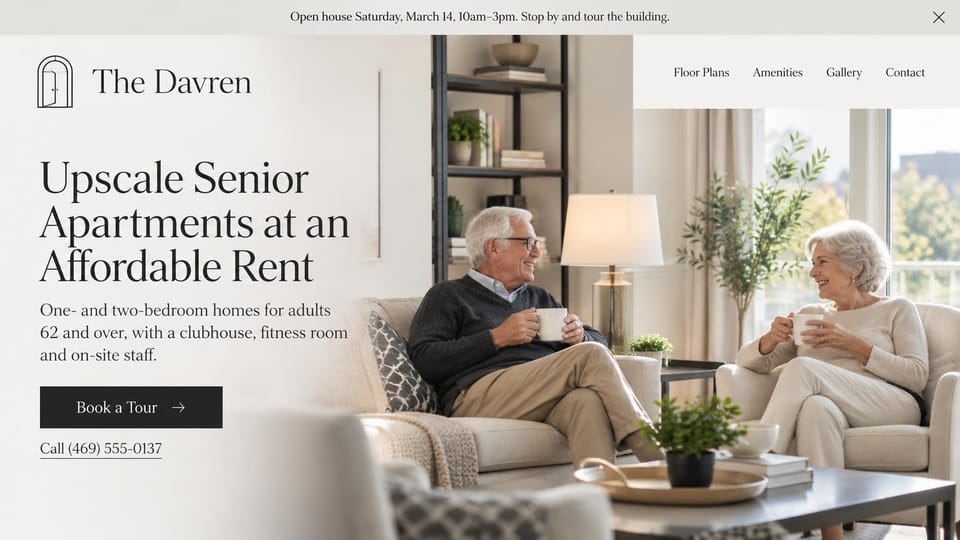 Apartment website design, affordable senior apartments with an open house banner: gray top banner, white page, dark serif headline at the left, black tour button and a call link, an older couple chatting over coffee in a bright living room