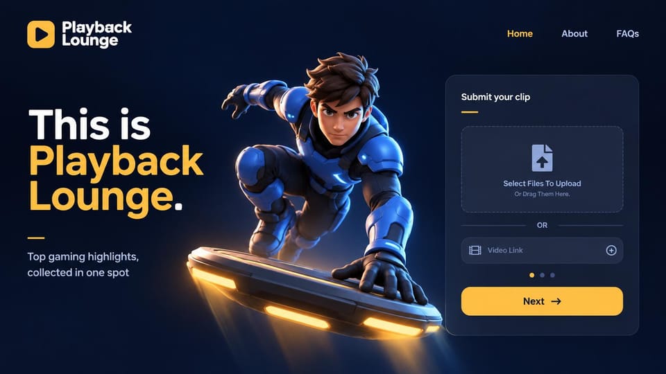 Gaming website design, highlights community with clip uploads: dark navy page, white and yellow headline, a 3D gamer on a glowing hoverboard, a submit-your-clip card with a yellow button