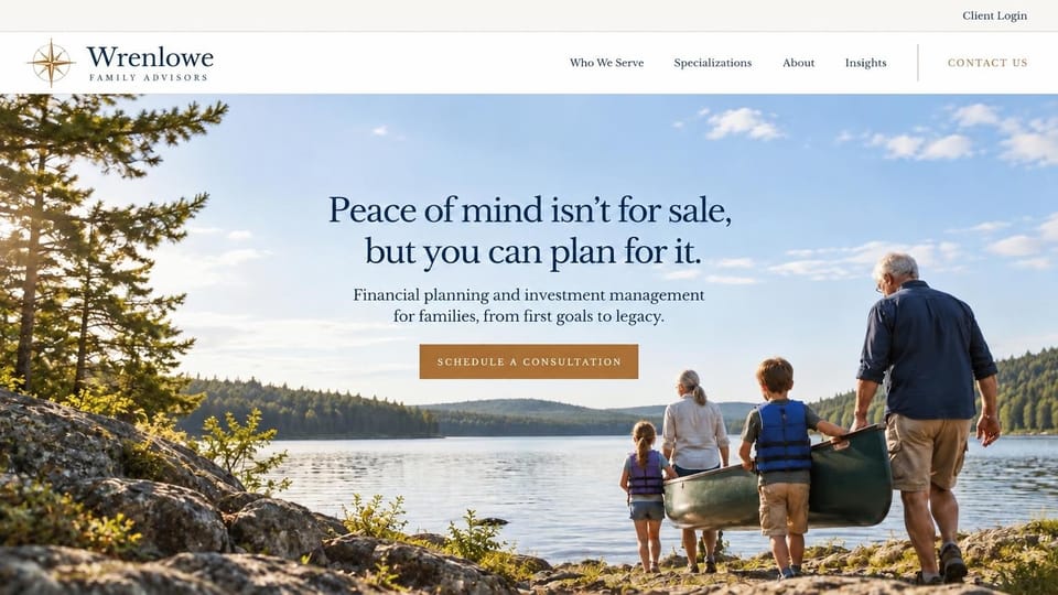 Financial advisor website design, family wealth planning with grandkids and a canoe: daytime lake, grandparents and kids in life vests carrying a canoe, centered dark serif headline and copper button