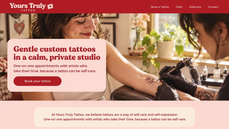 Tattoo website design, fine-line tattoos in a gentle, private studio: red header, a woman smiling while an artist tattoos a small flower on her arm, a pale pink rounded panel with a red serif headline and a red button