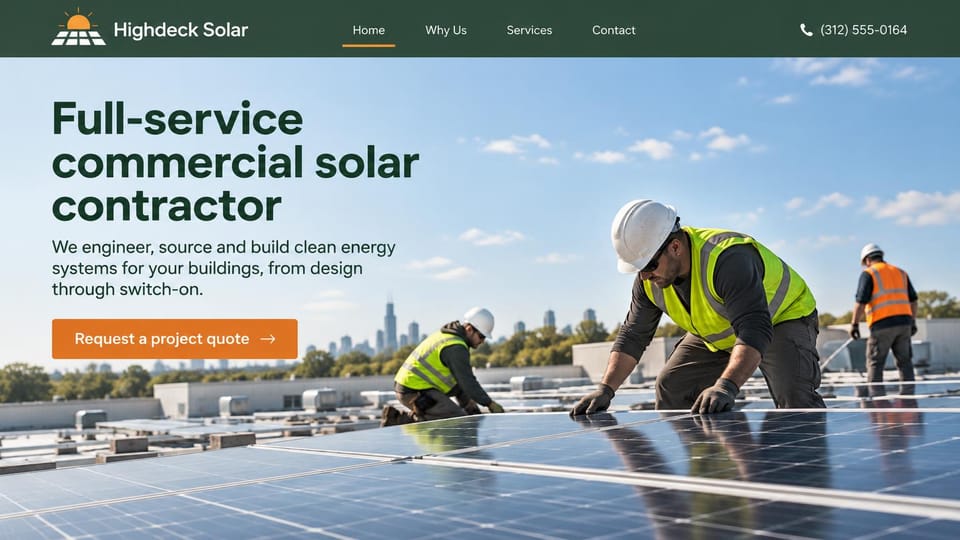 Solar website design, commercial solar contractor on a flat city roof: dark green header, a large dark green headline over a bright sky, crews in hard hats and hi-vis vests on a wide flat roof, an orange button