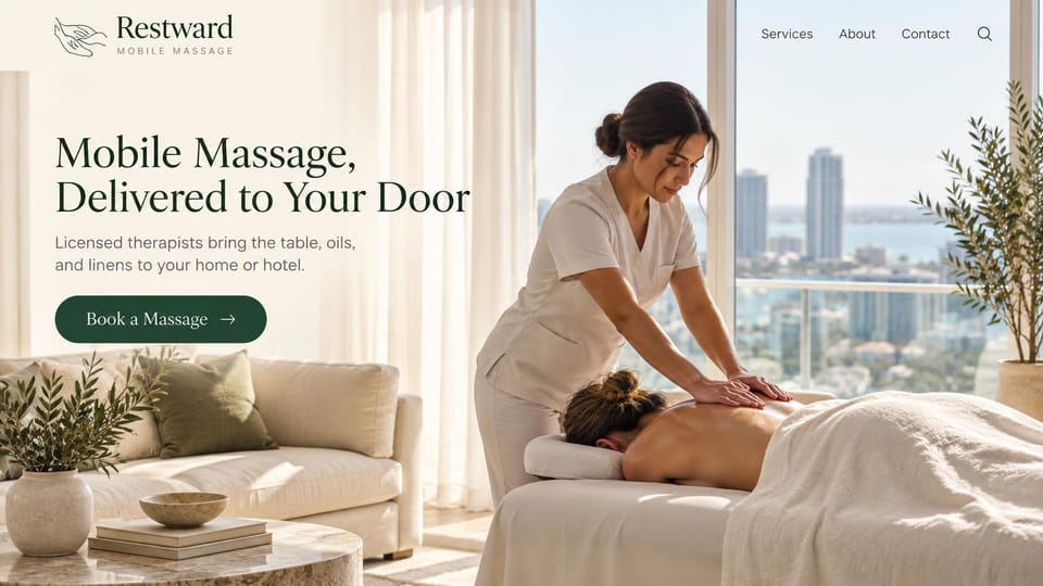 Massage therapist website design, mobile massage in a bright city apartment: white page, a dark serif headline, a deep green button and a therapist massaging a client by a window with a city view