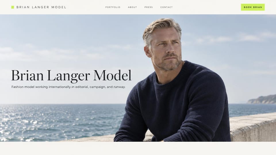 Model portfolio website design, mature male model with a seaside hero: a gray-haired man in a navy sweater on a seawall, a large black serif name over the sky and a lime green booking button