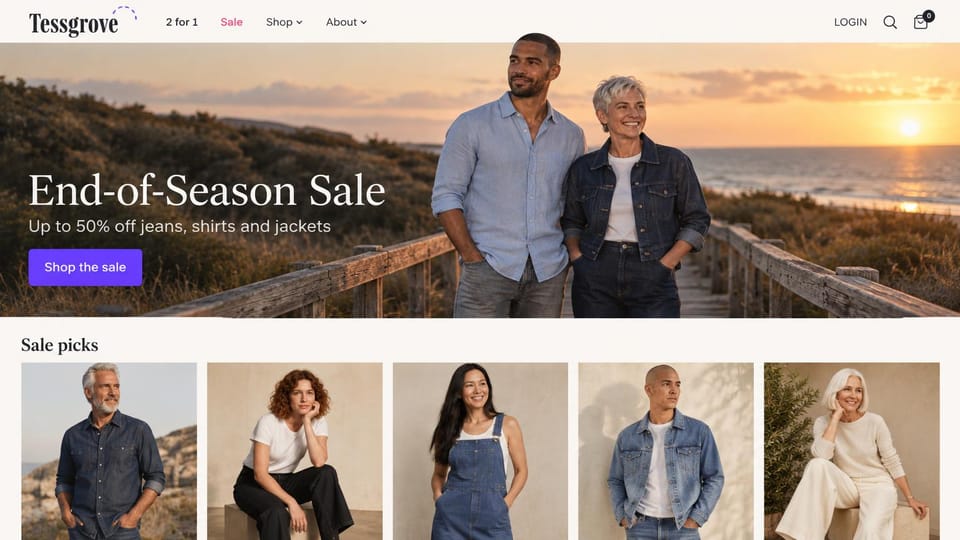 Fashion website design, denim sale on a boardwalk at sunset: a man in a light blue shirt and a silver-haired woman in a denim jacket on a boardwalk at sunset, a white serif headline, a violet button and a row of five models below