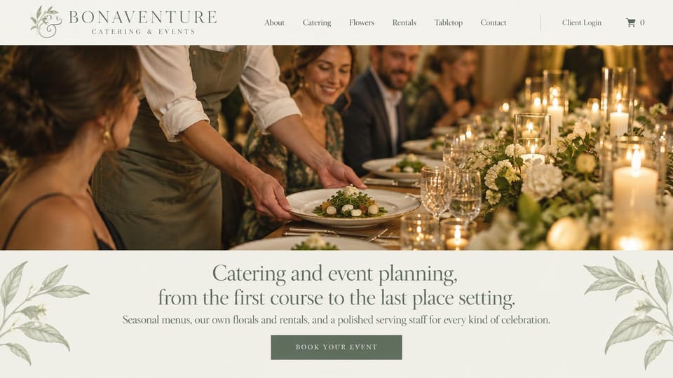 Catering website design, catering with florals and rentals under a wide photo: ivory page with leafy line drawings, a wide photo of servers plating at a candlelit dinner, centered sage serif text and a sage button