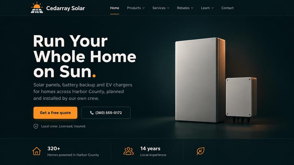Solar website design, whole-home solar and backup in dark teal and orange: dark teal page, a large white headline with an orange dot, an orange quote button and an outlined phone button, a home battery and inverter lit from the side, a row of figures below