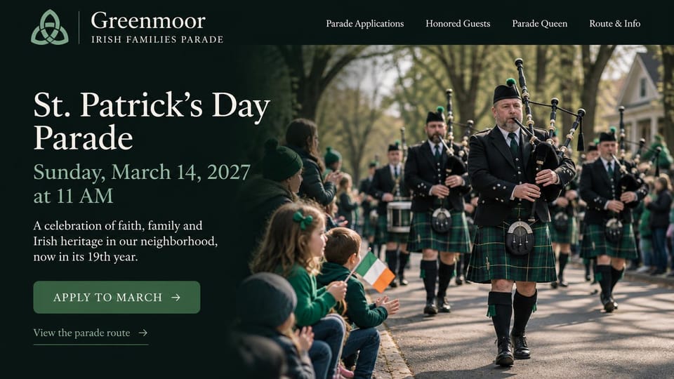 Event website design, heritage parade with pipers and an application: deep green page, cream serif headline, green apply button, bagpipers in kilts marching past families waving flags