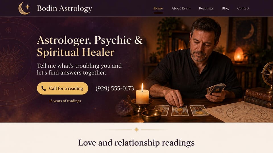 Astrology website design, astrologer, psychic and healer with love readings next: dark plum page, a gold serif headline and a gold call button beside a reader turning tarot cards over a chart, a cream band below