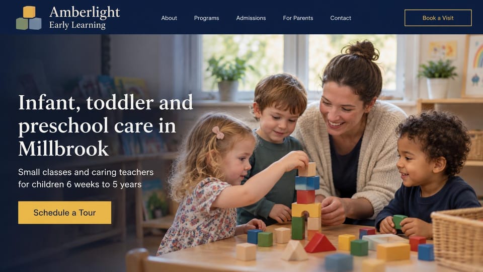 Daycare website design, daycare for infants to preschoolers, in navy: navy header and a shaded photo of a teacher and three children stacking blocks, white serif headline, yellow button